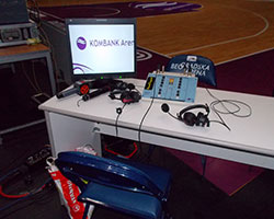 Commentator box with headsets